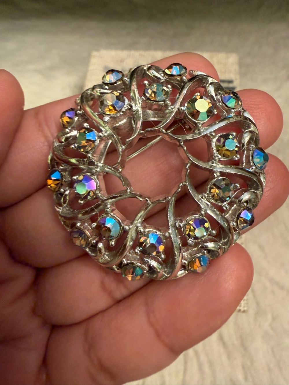 Vintage Iridescent Aurora Crystal Circle Brooch
